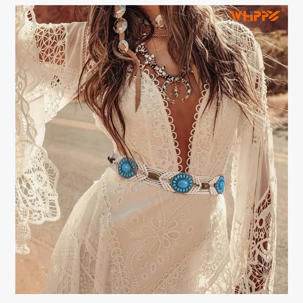 🆕 Boho Braided Belt for Women Hand-Woven Wax Rope & Turquoise Belt Western